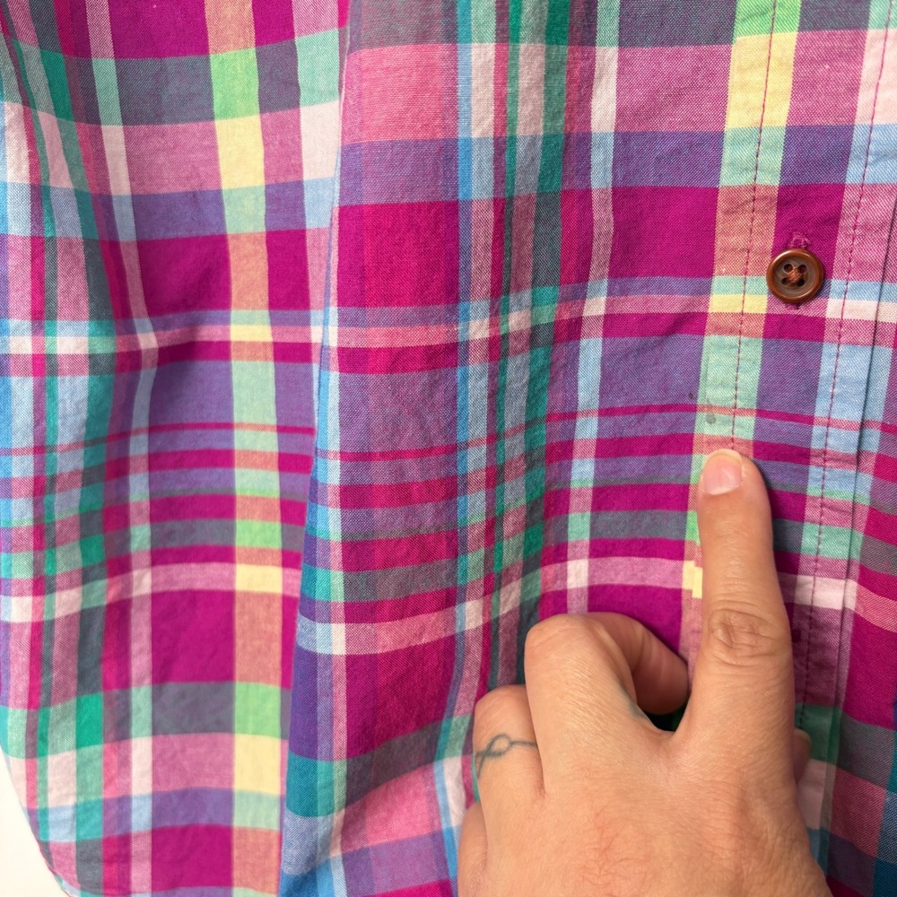 Lands End Mens Traditional Fit Plaid Madras Button Down Short Sleeve Shirt Large - Picture 7 of 12